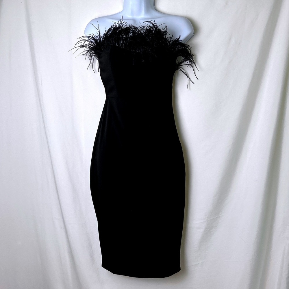 LPA Women Aurora Strapless Feather Trim Bodycon Midi Dress Size XXS Black Glam